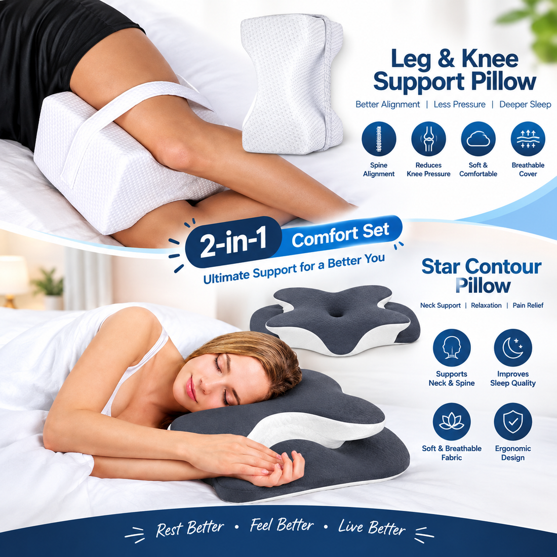 Luxury Butterfly-Shaped Ergonomic Memory Foam Support Pillow - Feel Fully Rested | Package Included Both Neck Pillow - Leg Pillow